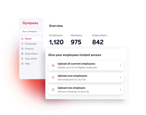 A screenshot of the Gympass engagement dashboard, showing how to add employees and track benefit adoption with real-time data analytics